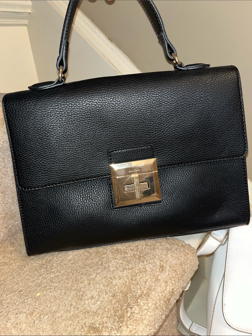 Aldo Black Pebbled Top-Handle Satchel with Gold Accents